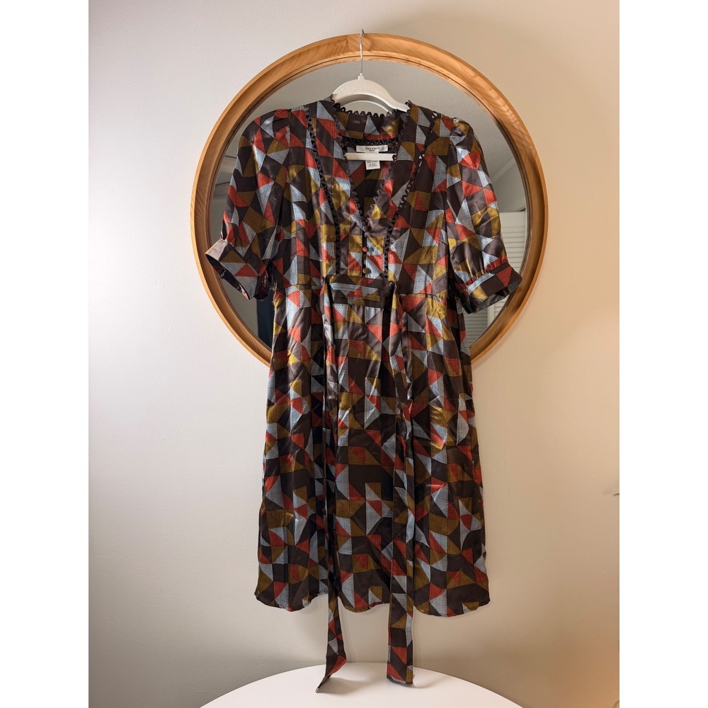 Y2K Vertigo Paris Silk Dress Women Size S Brown Geometric Print Excellent Boho